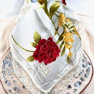 New- Nina Ricci, Mini Scarf/Handker 20" coton/silk white silver rose Lace (41)